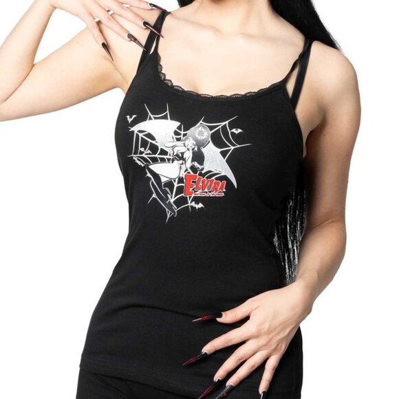 Elvira Demon Wing Glitter Black Lace Camisole Tank Top S-M-L-XL-2XL-3XL NWT - Picture 1 of 4